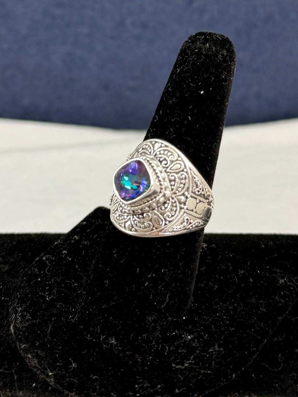 SARDA Bali Sterling Silver Mystic Topaz Filigree Dot Wide Dome Ring; SIZE 8